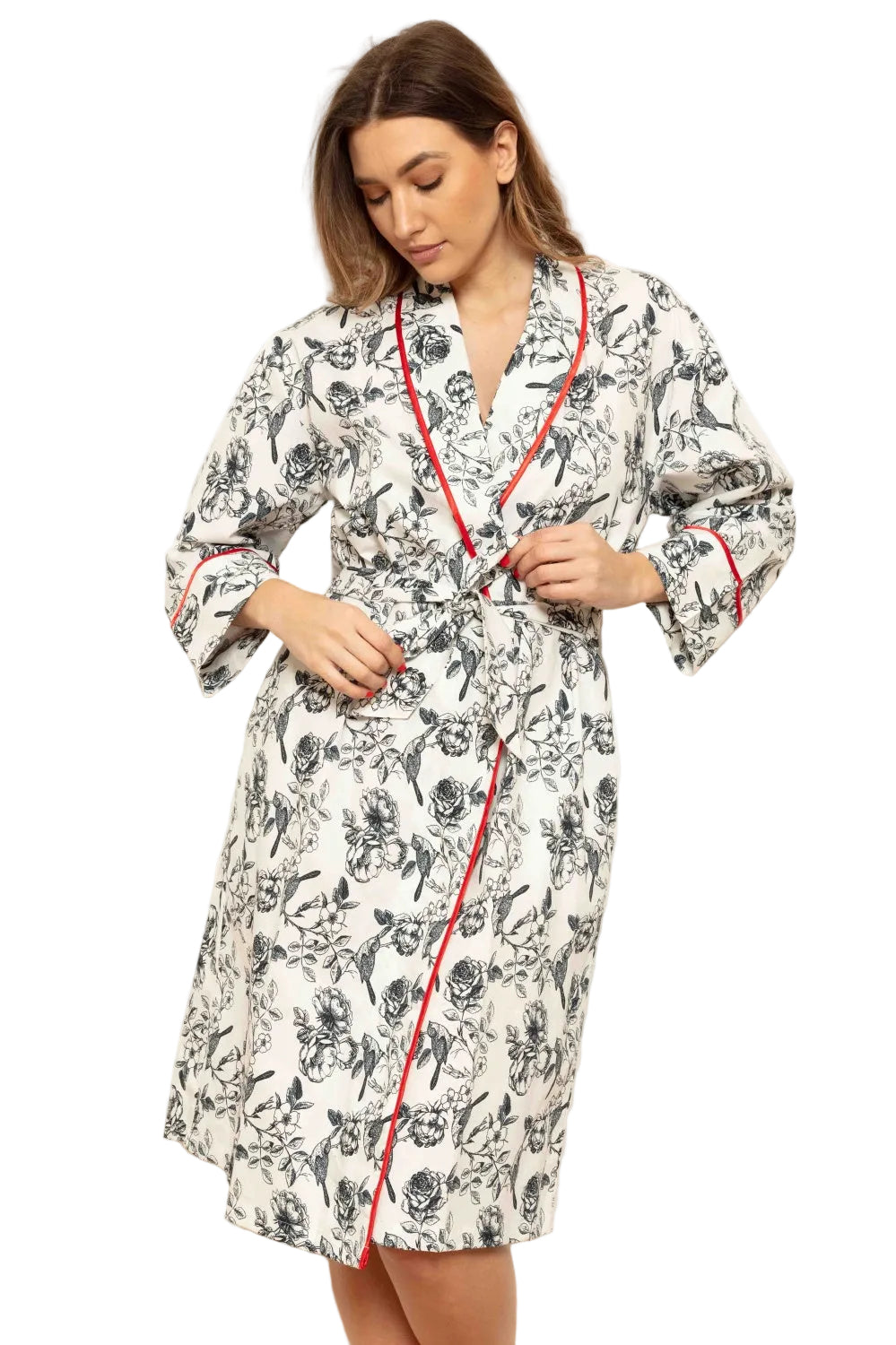 White brushed poplin wrap robe with black botanical and bird print, red piping, and a self-tie belt.