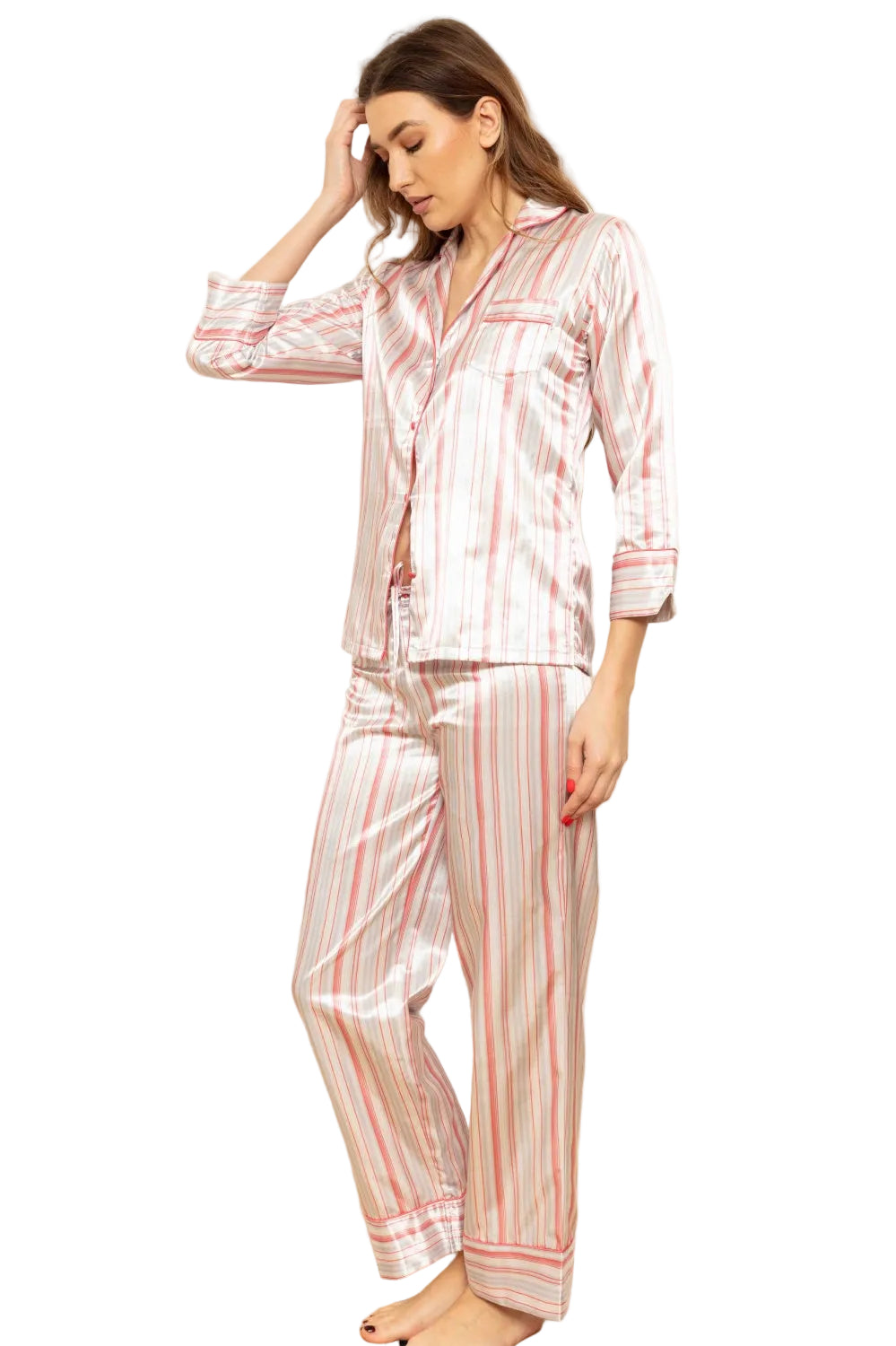 Coral and pebble candystripe long-sleeved pyjama top with collar and button front, paired with matching trousers.