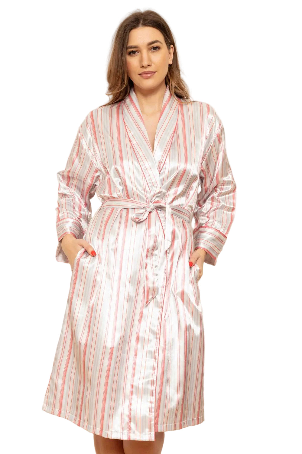 A white and coral candystripe grace-shawl robe with a self-tie belt and side pockets, made from a shiny fabric.