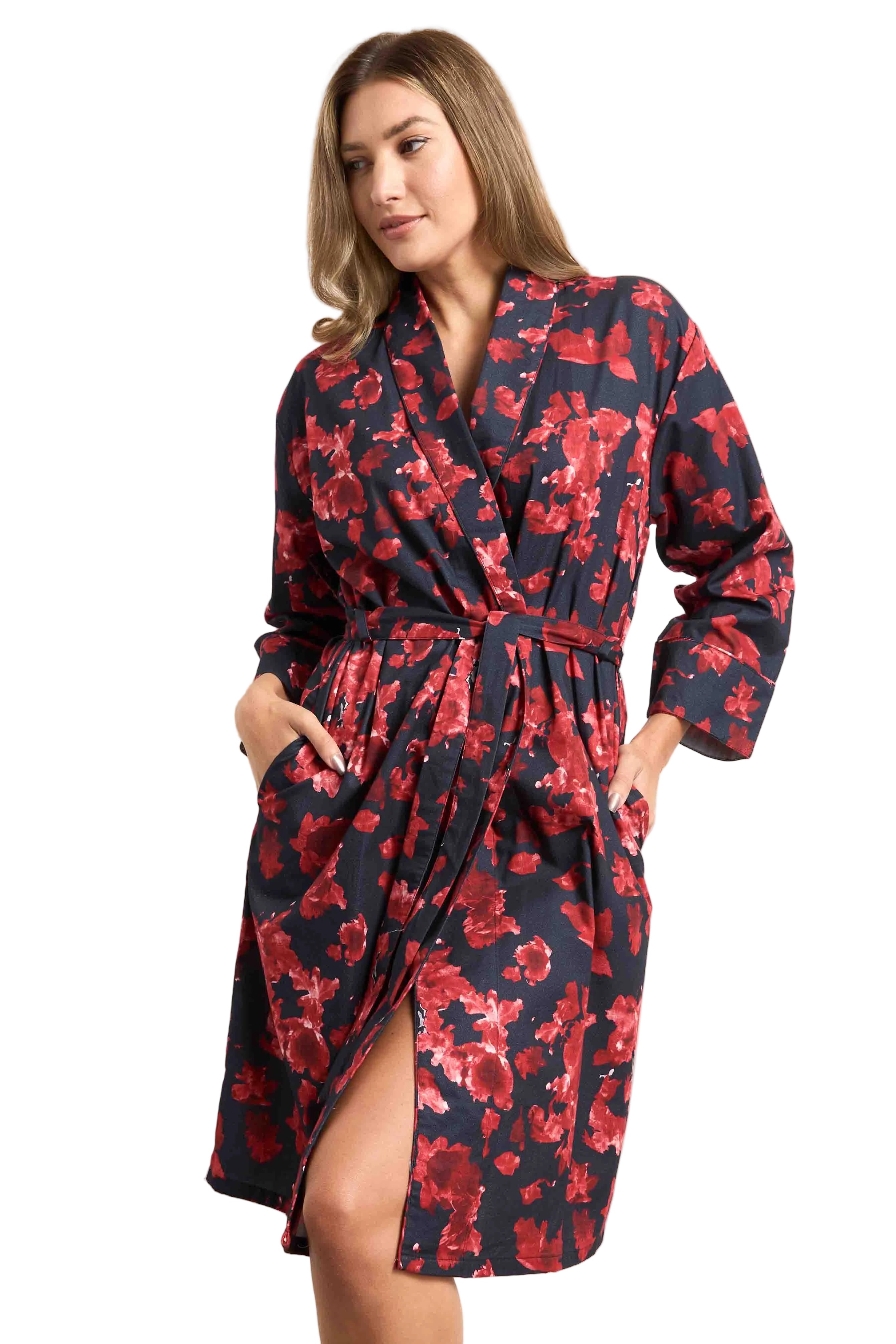 Crimson red and navy blue watercolour floral print twillpoplin shawl robe with self-tie belt and patch pockets.