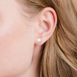 A single round white pearl stud earring.