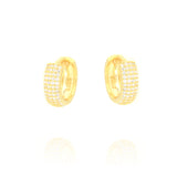 Pair of small, chunky gold-toned hoop earrings with multiple rows of clear pavé stones