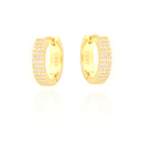 Pair of gold-toned hoop earrings with three rows of clear cubic zirconia stones