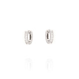 Pair of small silver-toned micro hoop earrings, each embellished with a row of clear, round-cut stones.