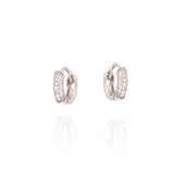 Pair of small silver-toned hoop earrings, each adorned with three rows of clear pavé-set stones across the front.