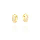 Pair of small gold-toned mini bomb hoop earrings, each embellished with three rows of clear, round-cut stones.