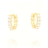 Pair of small gold-toned hoop earrings, each embellished with a row of clear, round-cut stones along the outer edge.