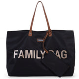 Black fabric tote bag with gold 'FAMILY BAG' text print, brown faux leather shoulder straps, and a small black zip pouch.