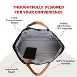 Black tote bag with brown PU leather handles, light gray interior, internal zippered pocket, and a black detachable pouch.