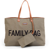 Khaki canvas tote bag with brown leather-look handles and trim, featuring 'FAMILY BAG' text and a detachable khaki zippered p