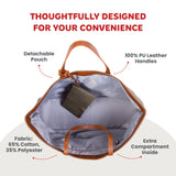 Khaki canvas tote bag with brown PU leather handles, light grey lining, an internal zippered compartment, and a detachable kh