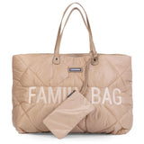 Childhome beige quilted family changing bag with "FAMILY BAG" text and a matching detachable pouch.