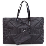 Black quilted puffered tote bag with two top handles, a 'CHILDHOME' logo, and an attached matching zippered pouch.