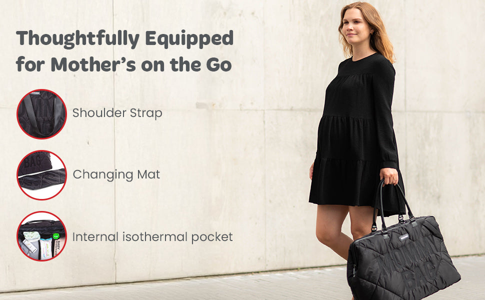 Black quilted mommy bag with geometric puffering, two top handles, silver-toned hardware, and 'MOMMY BAG' text on front.