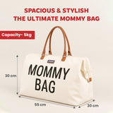 Off-white canvas tote bag with brown leather-look handles, a zipper, 'MOMMY BAG' in black, and a blue 'CHILDHOME' label.