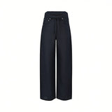 Front studio view of Citizens of Humanity NAVY wide-leg trousers, showcasing the high-rise waist, classic five pockets, and integrated drawstring tie against a white background.