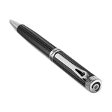 Detailed close-up of the polished black stainless steel pocket clip on the Cerruti 1881 Zeno pen cap, showing the subtle logo engraving.