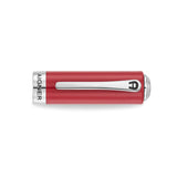 A detailed close-up view of the red lacquered Aigner pen cap, highlighting the crisp silver band engraved with the Aigner wordmark and the sleek clip featuring the signature black 'A' horseshoe logo.