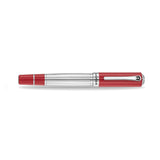 A horizontal studio photograph of the Aigner metal fountain pen fully capped, showcasing the unified red lacquer cap with its silver pocket clip, the iconic horseshoe logo emblem, and the fluted silver central body.