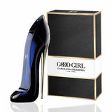 Carolina Herrera Goodgirl EDP- 80ml Black high-heeled shoe with blue heel next to a Carolina Herrera 'Good Girl' box on a white background