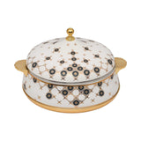 Casa Blu luxury white insulated food warmer with gold-plated base and handles, decorated with black and gold geometric sunburst patterns on the body and lid.