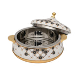 Casa Blu luxury white insulated food warmer with gold-plated base and handles, decorated with black and gold geometric sunburst patterns on the body and lid.