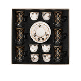 CASA BLU 13-piece coffee and tea set featuring bold gold Arabic calligraphy on smoked glass tea cups and white porcelain cawa cups in a gift box.
