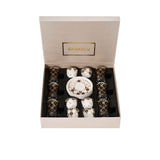 CASA BLU 13-piece coffee and tea set featuring bold gold Arabic calligraphy on smoked glass tea cups and white porcelain cawa cups in a gift box.