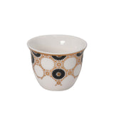 CASA BLU 13-piece coffee and tea set featuring bold gold Arabic calligraphy on smoked glass tea cups and white porcelain cawa cups in a gift box.