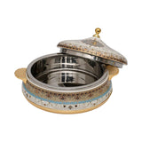 Casa Blu insulated food warmer featuring an intricate cream and gold floral pattern with a turquoise horizontal band, gold-plated base, handles, and lid finial.