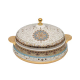 Casa Blu insulated food warmer featuring an intricate cream and gold floral pattern with a turquoise horizontal band, gold-plated base, handles, and lid finial.