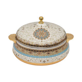 Casa Blu insulated food warmer featuring an intricate cream and gold floral pattern with a turquoise horizontal band, gold-plated base, handles, and lid finial.
