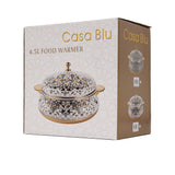 Casa Blu luxury insulated casserole dish featuring gold calligraphic script on a white background with gold handles and a domed lid.