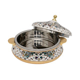 Casa Blu insulated food warmer with a white body covered in a multicolor geometric star mosaic pattern, featuring gold-plated handles and base.