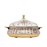 Casablu luxury insulated food warmer casserole with white marble pattern, gold-plated handles, and polished stainless steel interior.
