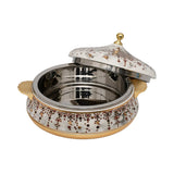 Casablu luxury insulated food warmer casserole with white marble pattern, gold-plated handles, and polished stainless steel interior.