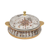 Casablu luxury insulated food warmer casserole with white marble pattern, gold-plated handles, and polished stainless steel interior.