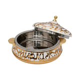Casa Blu luxury insulated casserole dish featuring gold calligraphic script on a white background with gold handles and a domed lid.