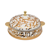 Casa Blu luxury insulated casserole dish featuring gold calligraphic script on a white background with gold handles and a domed lid.