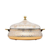 Casa Blu luxury insulated food warmer in white with a gold geometric mosaic pattern, gold base, side handles, and a gold sphere knob on the lid.