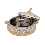 Casa Blu luxury insulated food warmer in white with a gold geometric mosaic pattern, gold base, side handles, and a gold sphere knob on the lid.