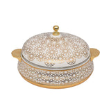 Casa Blu luxury insulated food warmer in white with a gold geometric mosaic pattern, gold base, side handles, and a gold sphere knob on the lid.