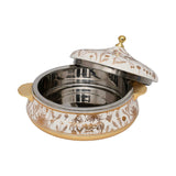 A luxury white and gold insulated food warmer by Casa Blu, featuring gold-etched horse and floral patterns, gold handles, and a decorative lid knob.