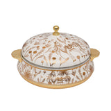 A luxury white and gold insulated food warmer by Casa Blu, featuring gold-etched horse and floral patterns, gold handles, and a decorative lid knob.