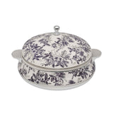 Casa Blu insulated food warmer featuring a black and white vintage floral and leaf pattern with polished silver-tone handles and a round lid knob.