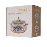 Casa Blu insulated food warmer featuring a black and white vintage floral and leaf pattern with polished silver-tone handles and a round lid knob.