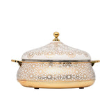 Casa Blu luxury insulated food warmer in white with a gold geometric mosaic pattern, gold base, side handles, and a gold sphere knob on the lid.