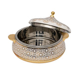 Casa Blu luxury insulated food warmer in white with a gold geometric mosaic pattern, gold base, side handles, and a gold sphere knob on the lid.