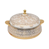 Casa Blu luxury insulated food warmer in white with a gold geometric mosaic pattern, gold base, side handles, and a gold sphere knob on the lid.