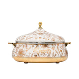 A luxury white and gold insulated food warmer by Casa Blu, featuring gold-etched horse and floral patterns, gold handles, and a decorative lid knob.